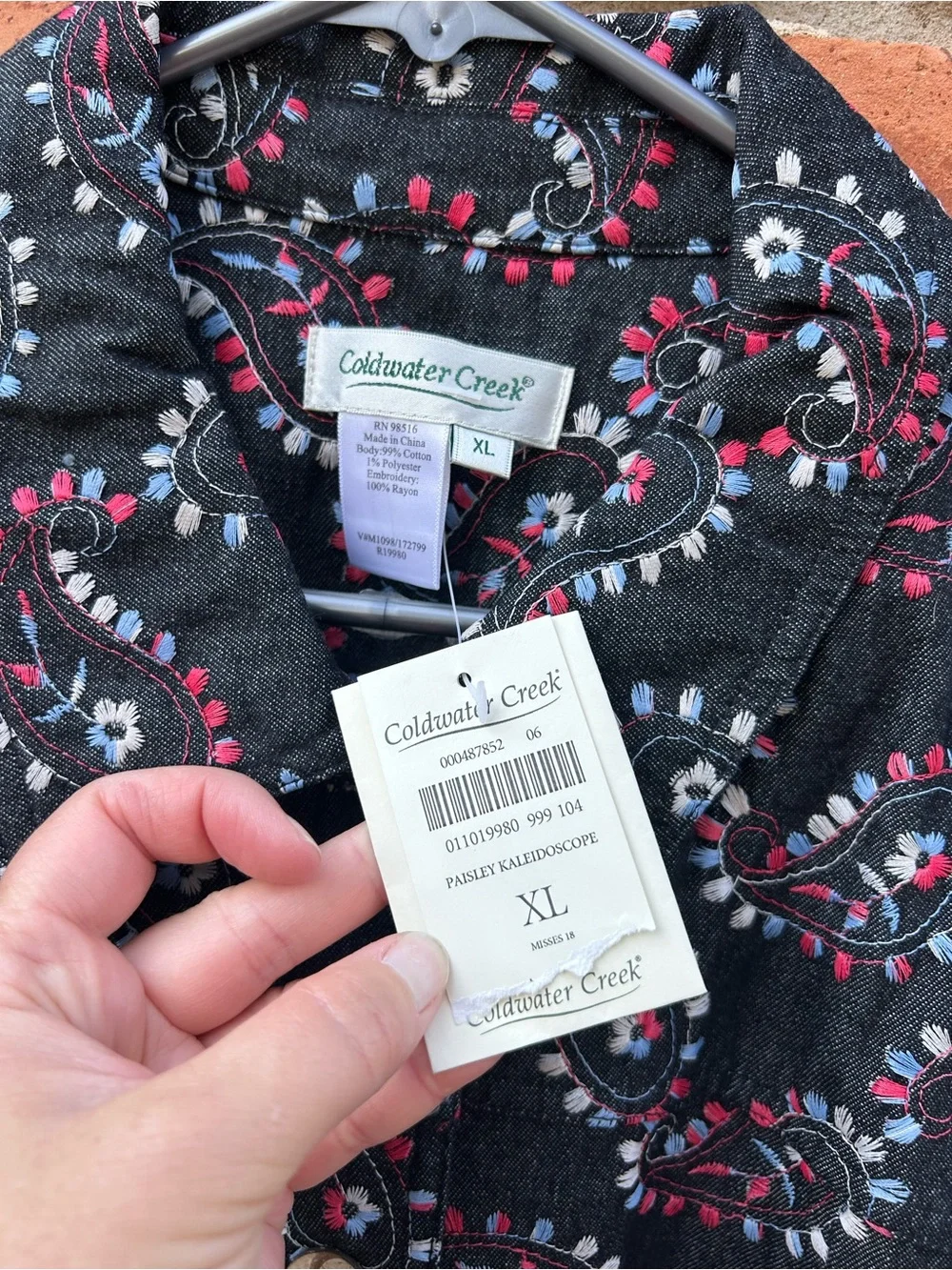 Coldwater Creek NWT Black Embroidered Paisley Button-Up Casual Denim Jacket XL